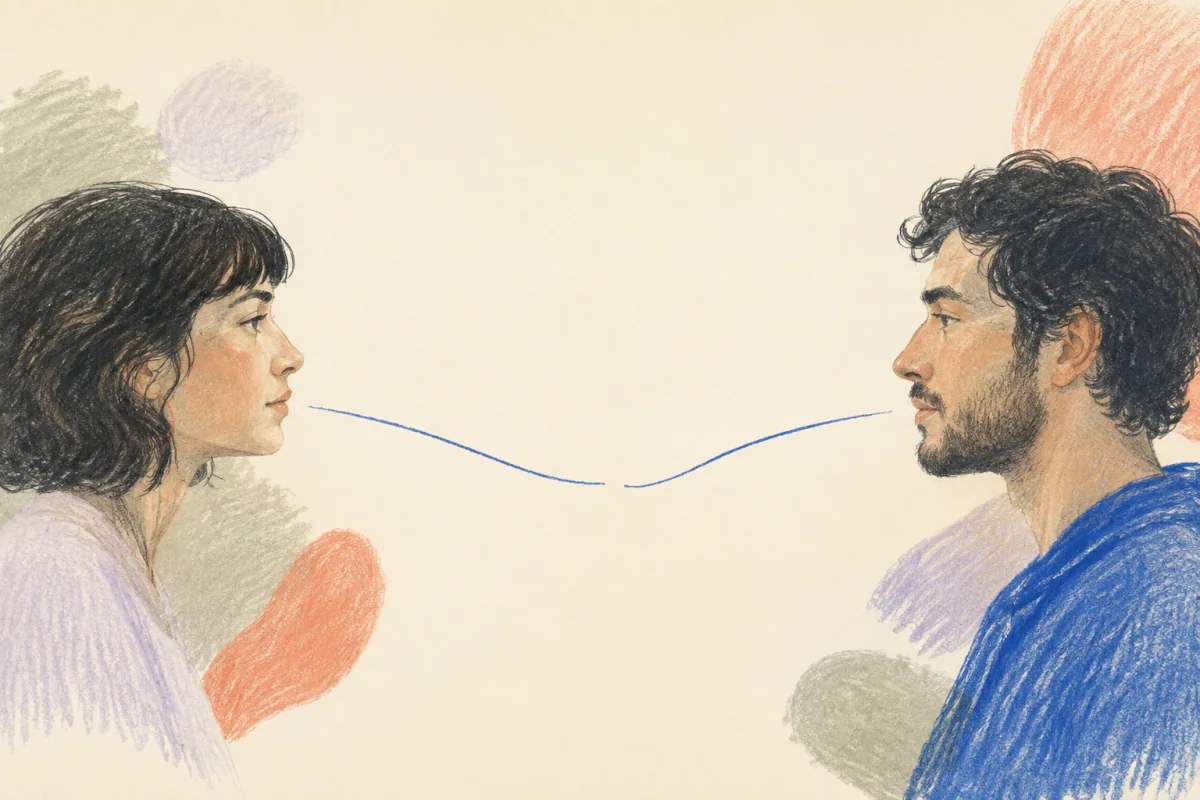 Pastel-pencil illustration of two people facing each other as their choices point towards one another